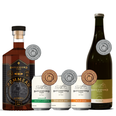 the line of of ciders included in the 2026 Cider Awards pack with their respective medals