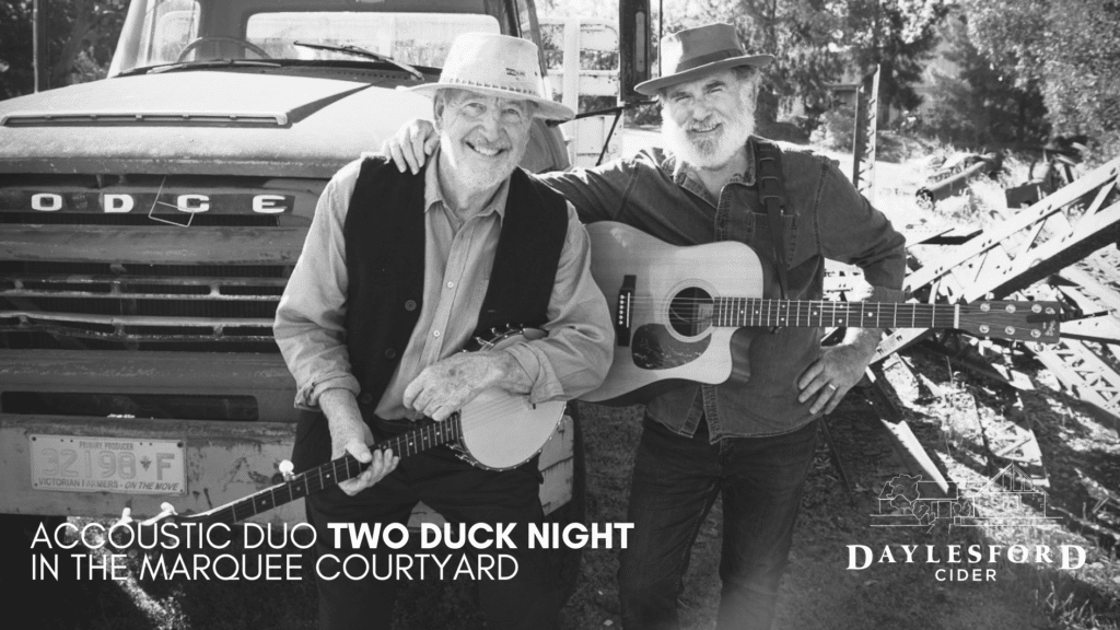 photo of acoustic duo Two Duck Nights with their instruments.