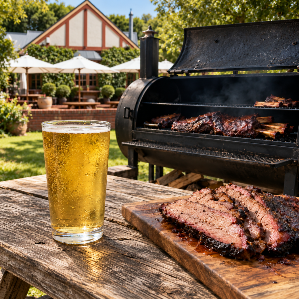 Photo of a glass of Daylesford Cider and meat smoking on the lawn at Daylesford Cider